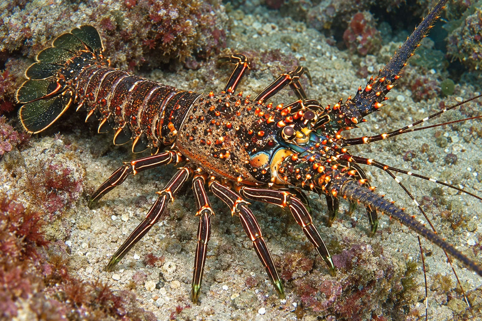Blue spiny lobster (Panulirus inflatus), illustration