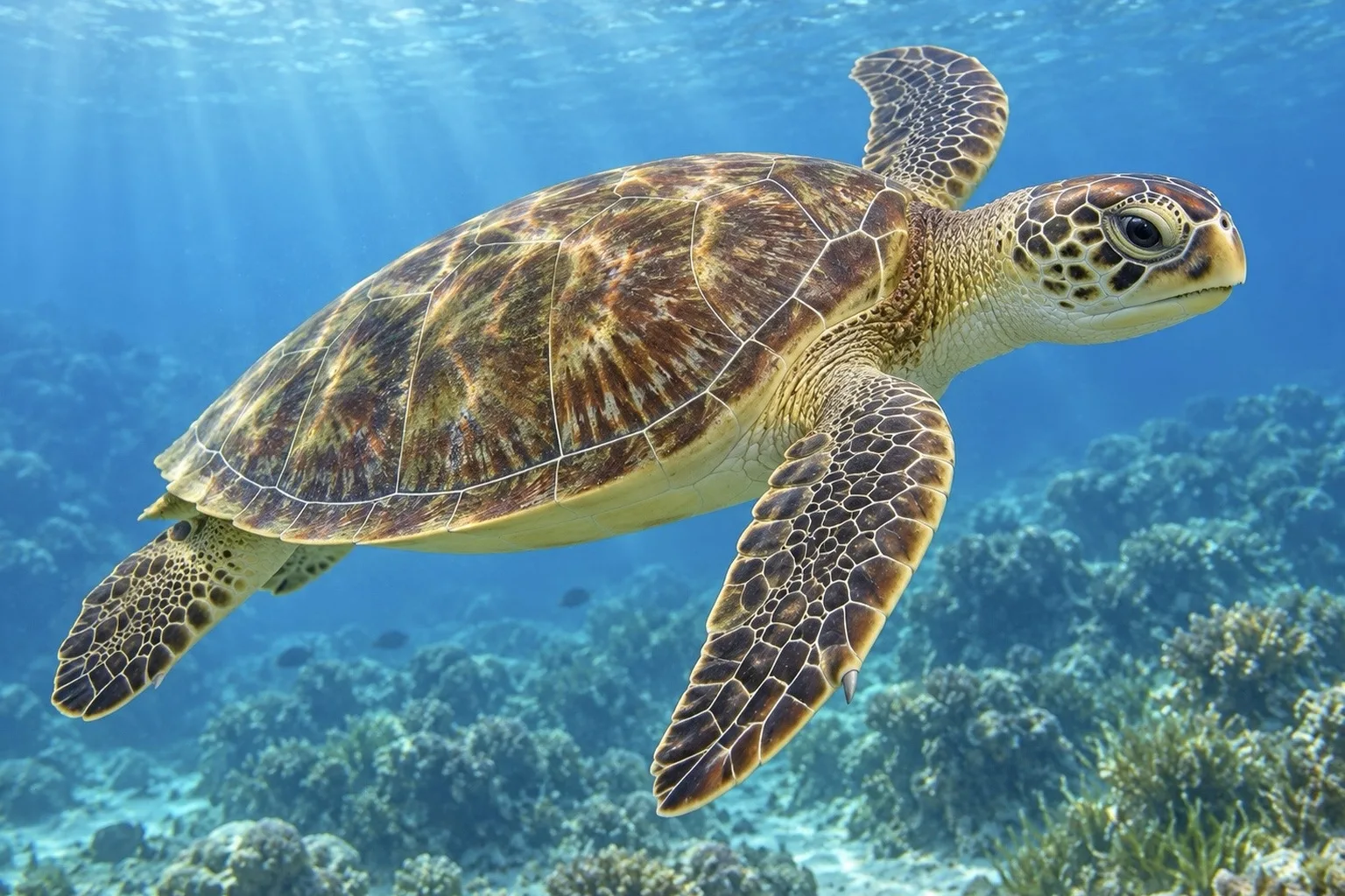Green sea turtle (black turtle) (Chelonia mydas), illustration
