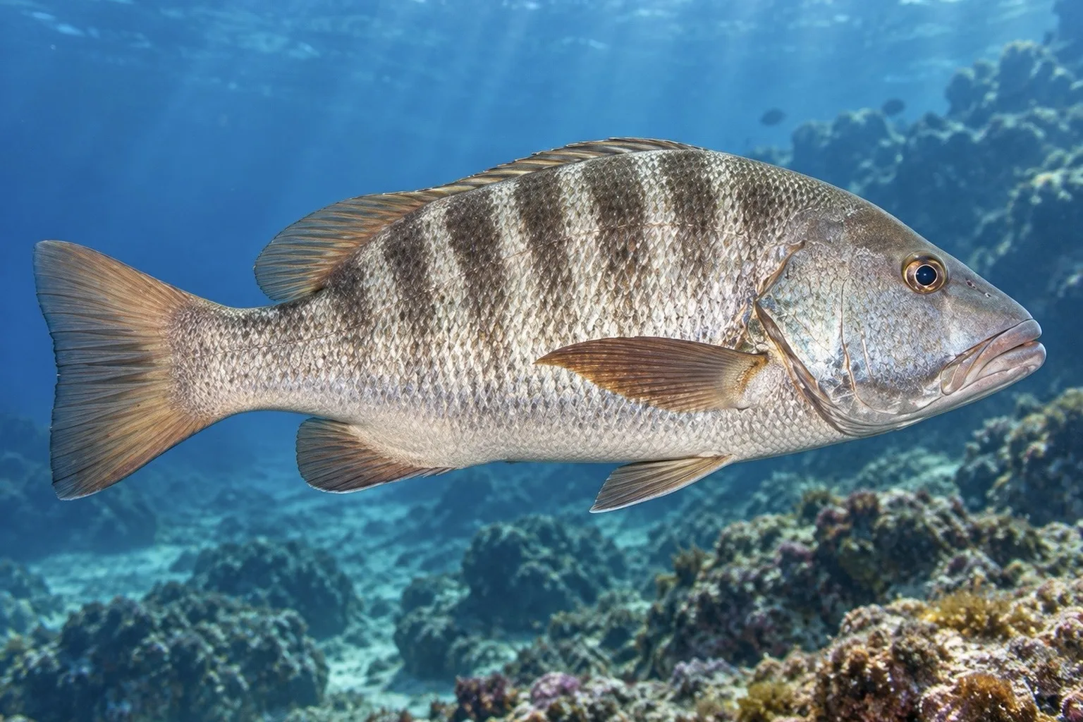 Pacific dog snapper (Lutjanus novemfasciatus), illustration