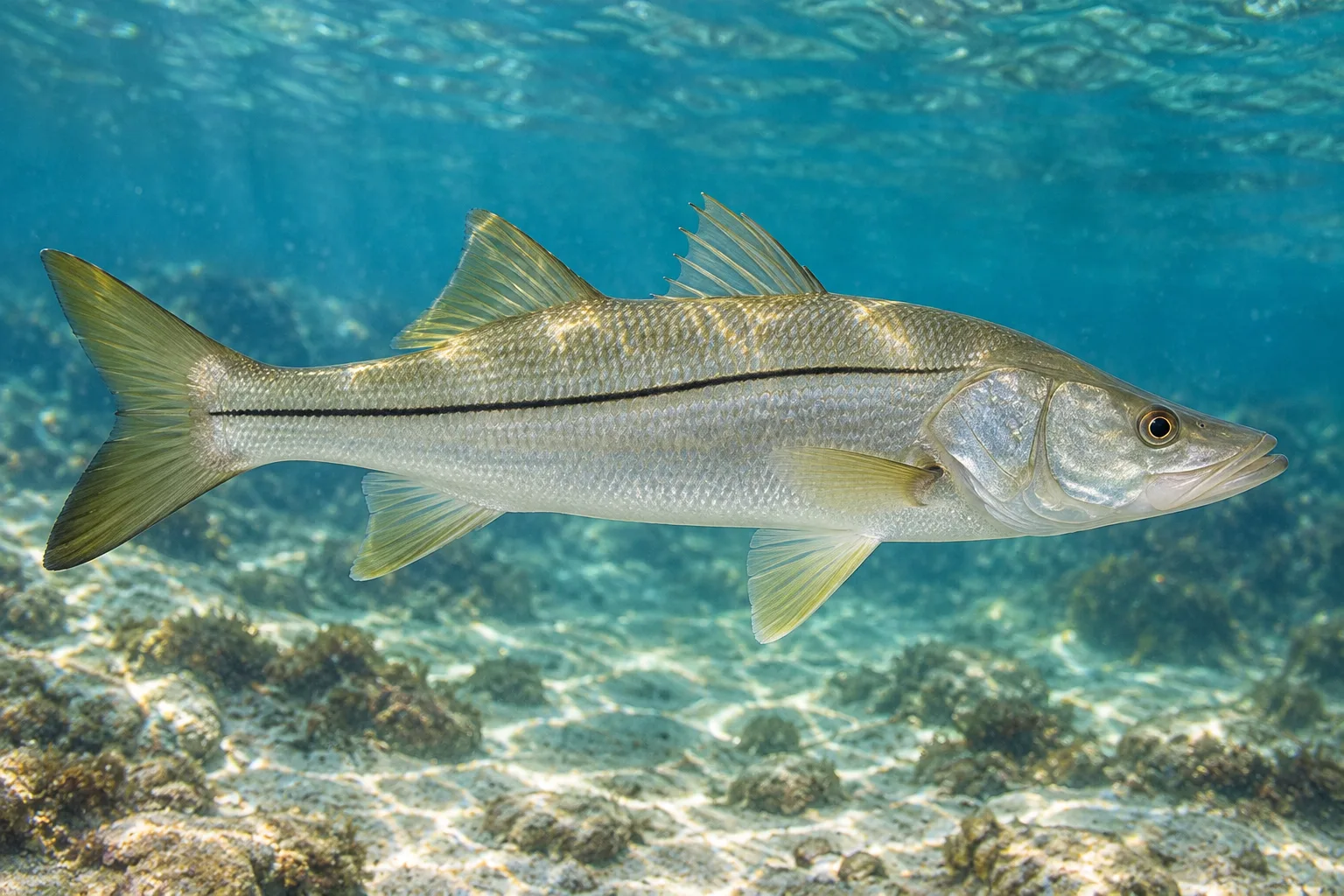 Pacific white snook (Centropomus viridis), illustration