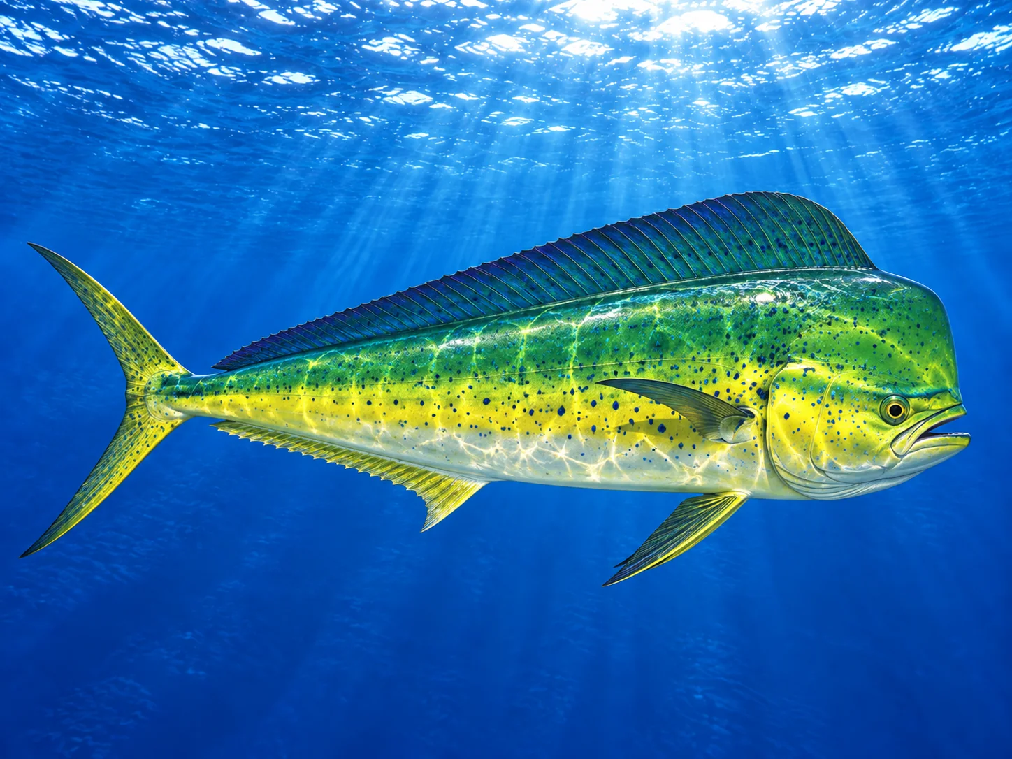Dorado (Coryphaena hippurus) nadando en mar abierto, ilustración
