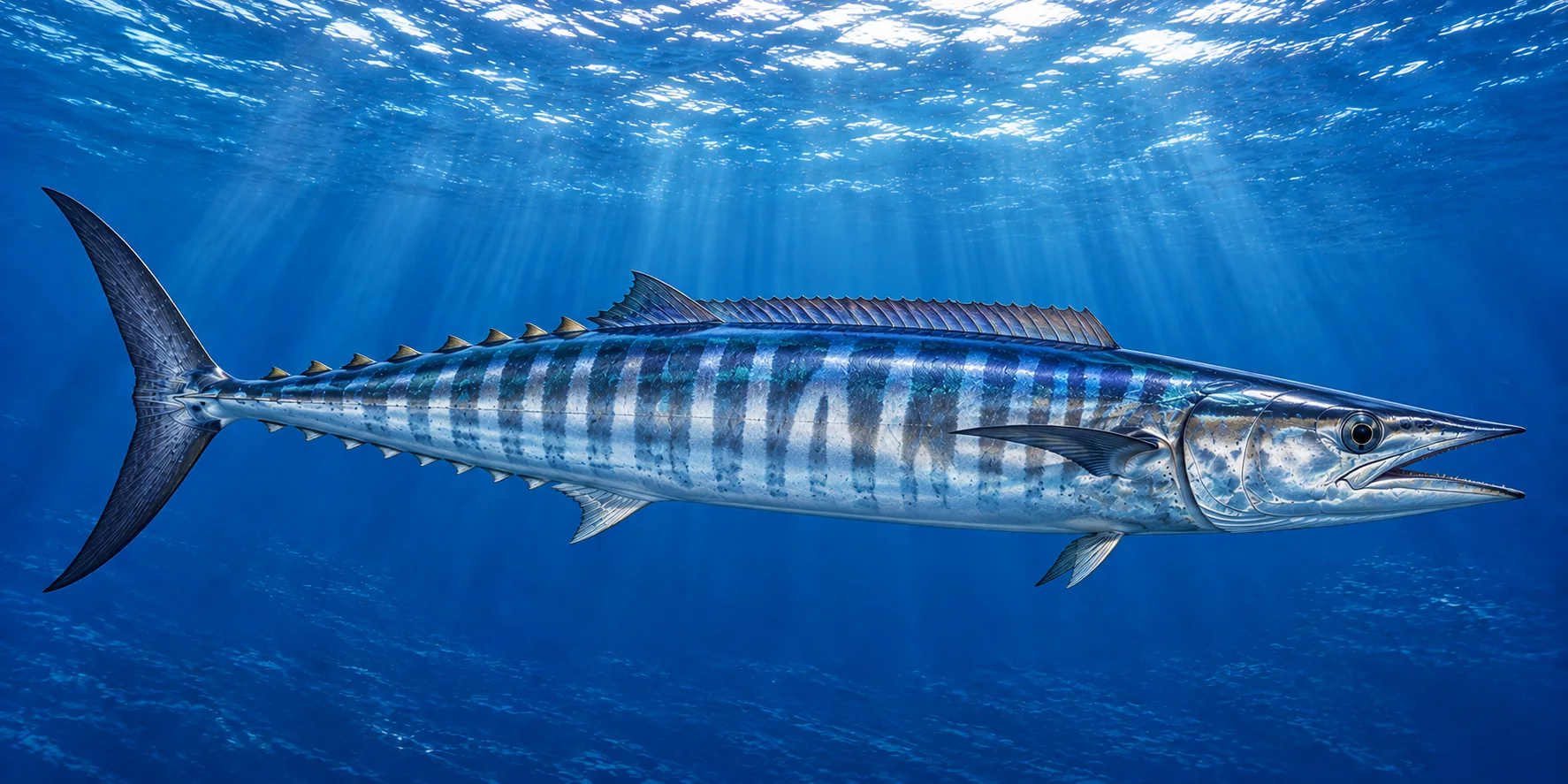 Wahoo (peto) (Acanthocybium solandri) nadando en mar abierto, ilustración