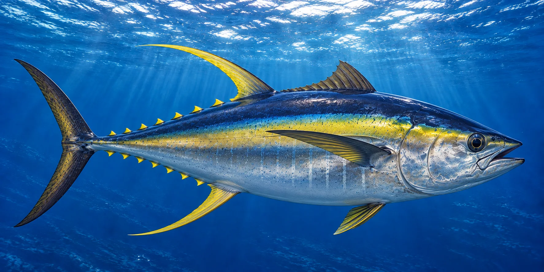 Atún aleta amarilla (Thunnus albacares) nadando en mar abierto, ilustración